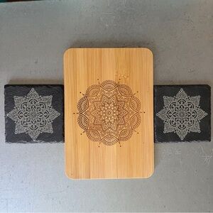 Mandala Laser Engraved Cutting Serving Bamboo Board and Slate Coasters Light